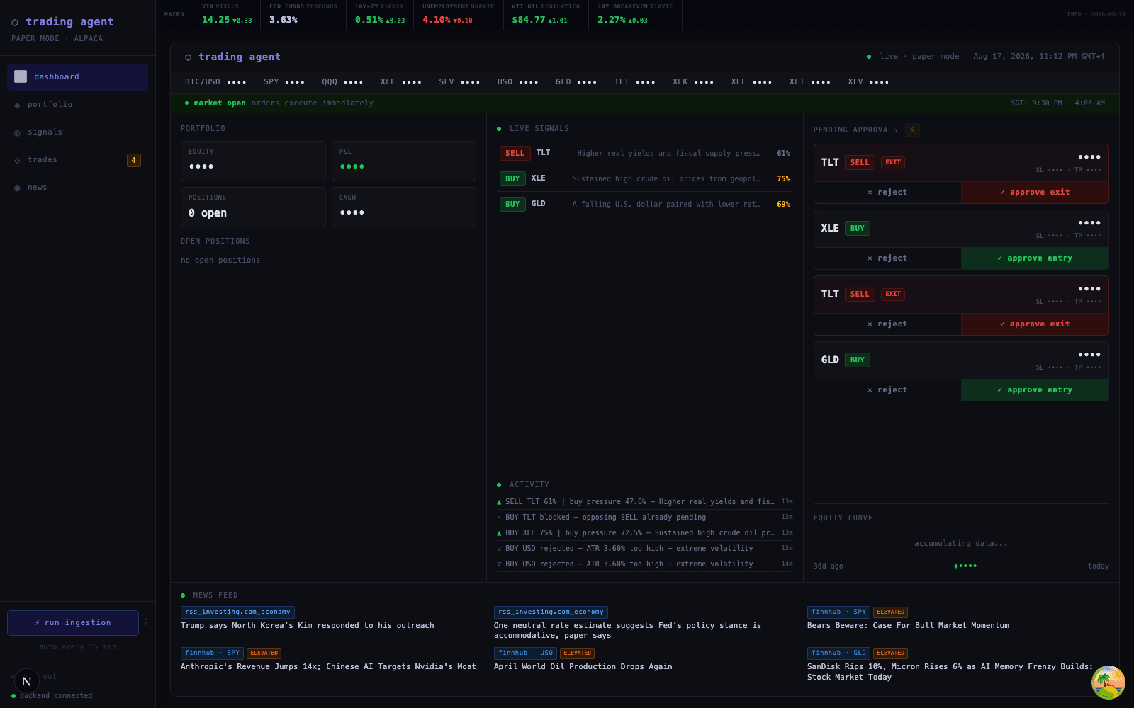 Local paper-trading dashboard showing live signals, pending approvals, news activity and system health with account amounts hidden